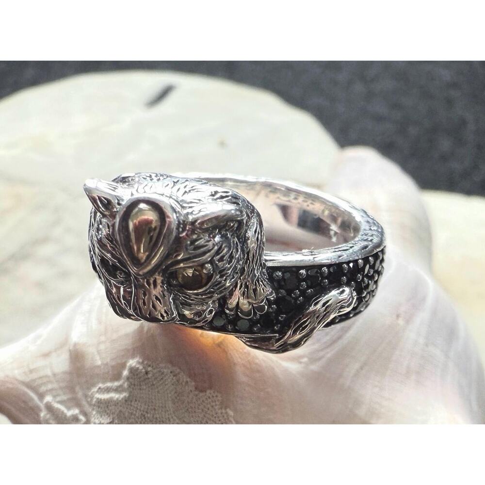 John Hardy Silver Leopard Cat Ring with Citrine Eyes and Black Diamonds - Picture 1 of 7